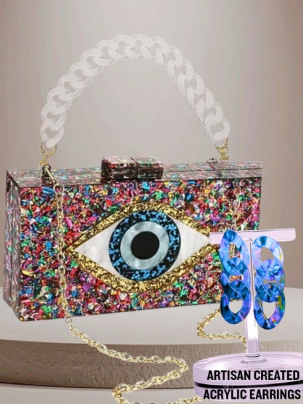 Colorful Confetti Eye Design Acrylic Clutch Crossbody Bag Bonus Earrings NWT